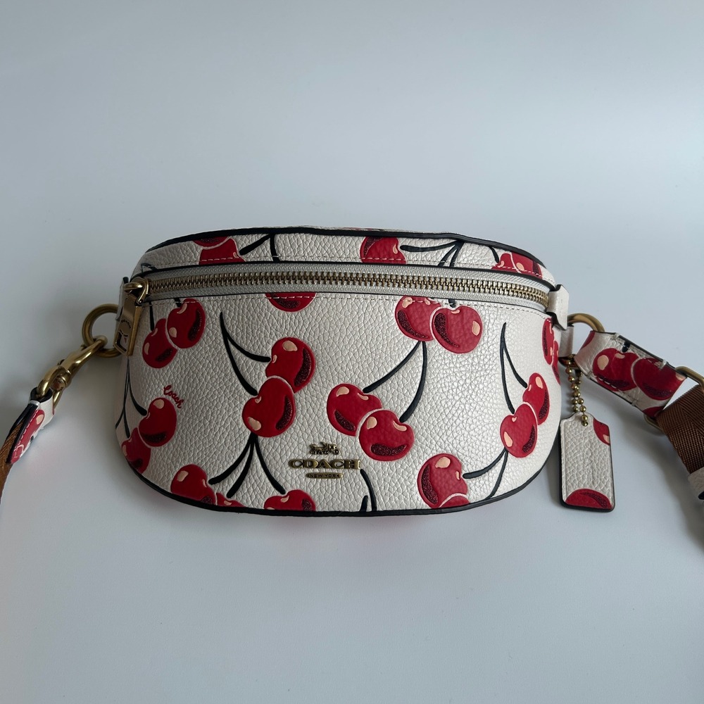 Coach Court Belt Bag Cherry Print White Leather Fanny Pack C8310